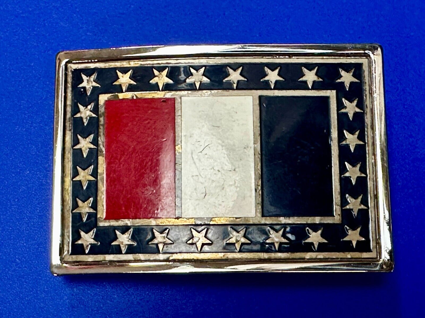 Texas State Flag Colors Stars and Stripes on silver tone Belt Buckle