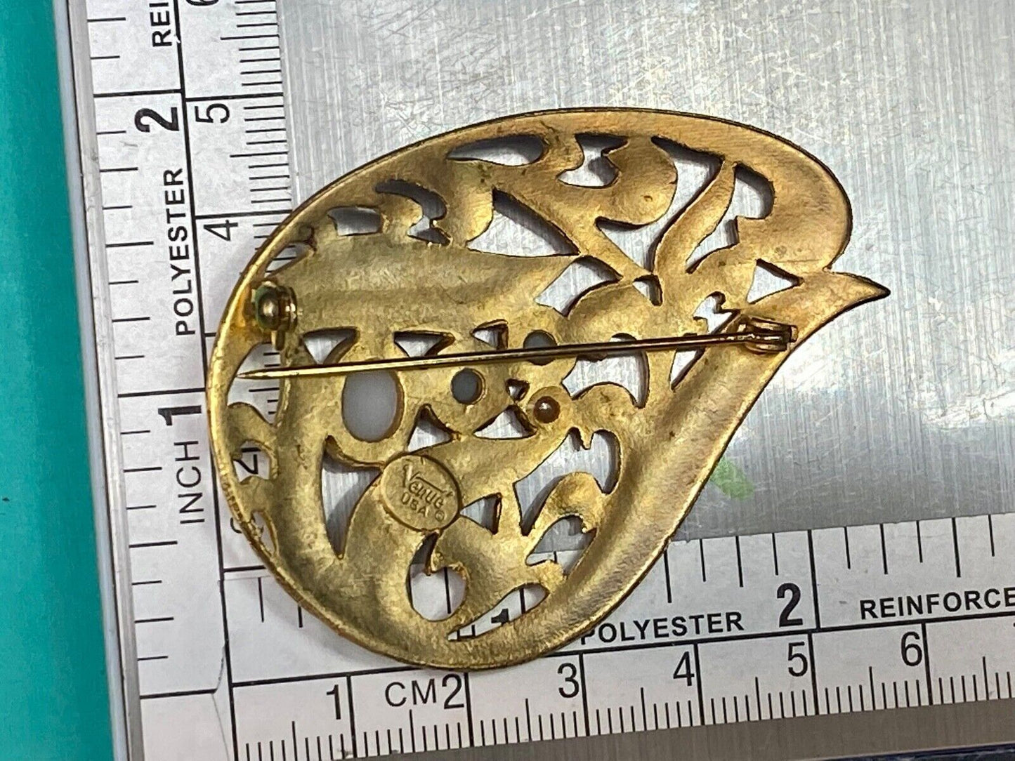 Art Nouveau Leaf Pearls Gold Tone Brooch Pin Costume Jewelry Signed Venue