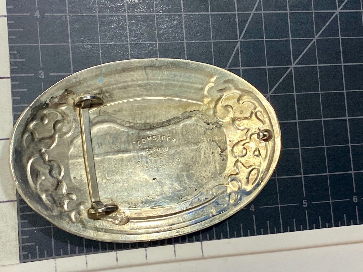 3 Horse Heads LARGE Black boarder belt buckle Comstock silversmiths 122 Grams!
