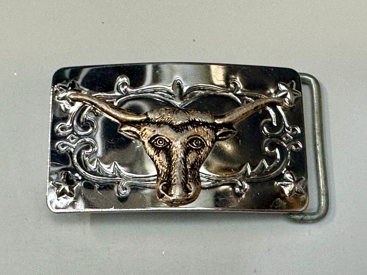 Texas Longhorn Cow Steer on Vintage two tone reflective western Belt Buckle