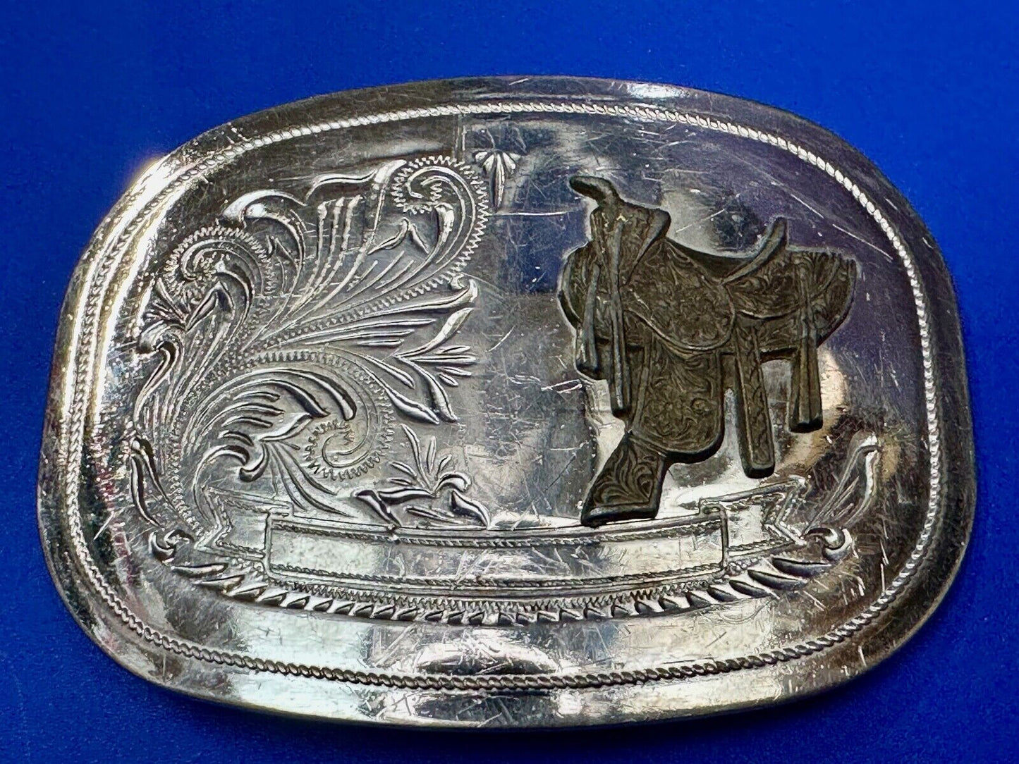 Vintage Cowboy Horse Saddle western belt buckle - blank award ribbon