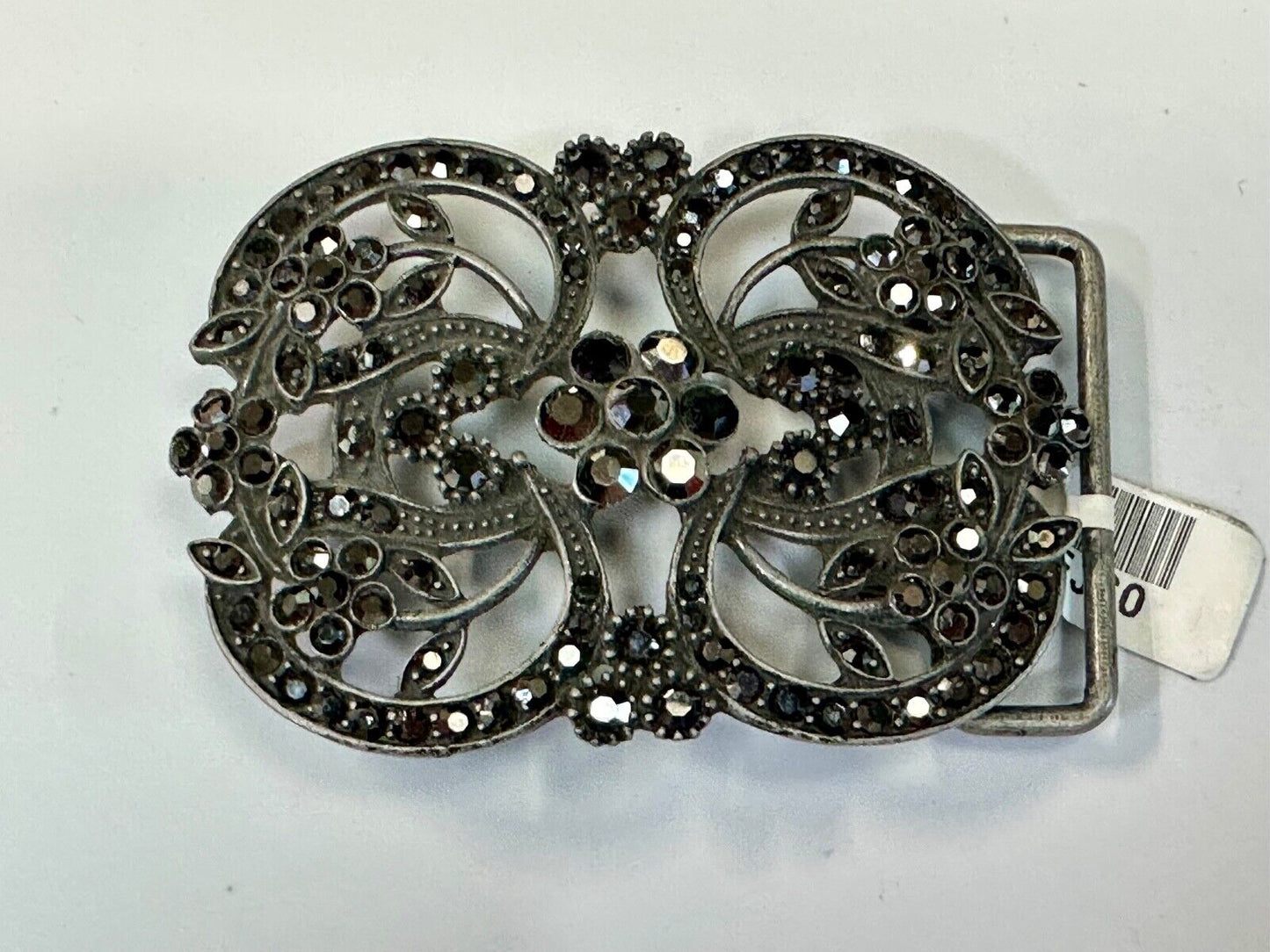 Black rhinestone accented metal flower pattern NOS Funky Junque belt buckle