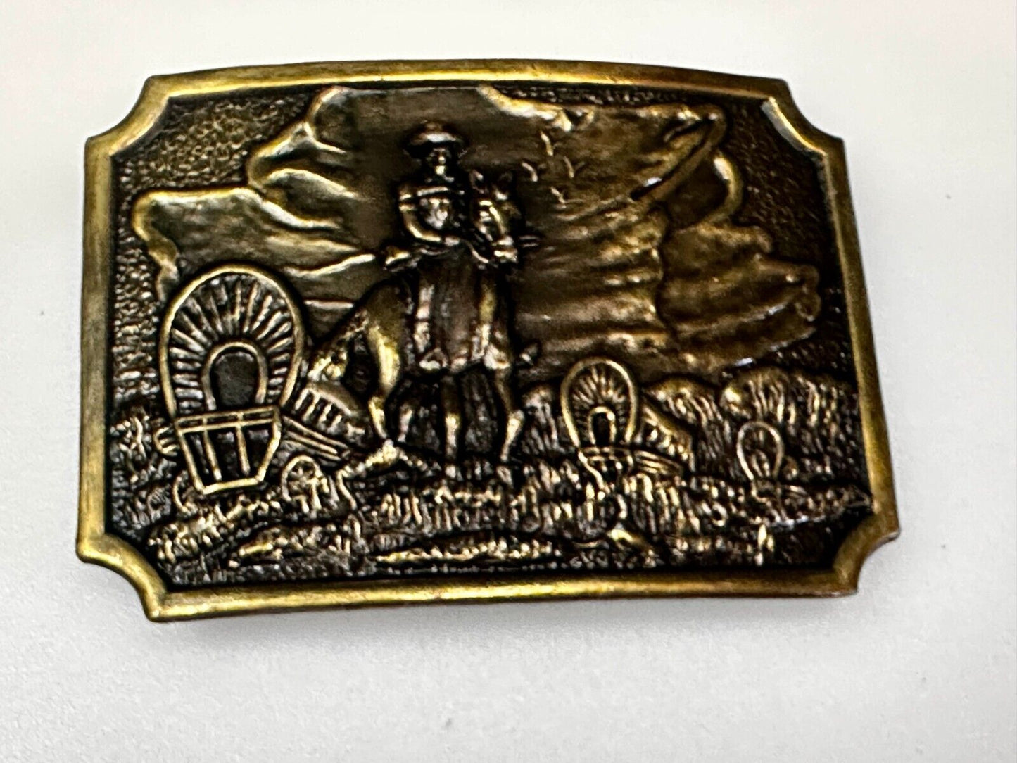 Tall In The Saddle Western Cowboy Leading Wagon Train Vintage ART Belt Buckle