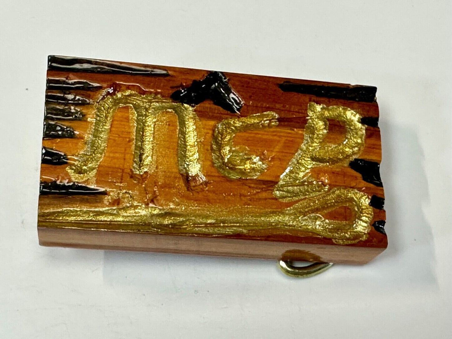 Artisan wood belt buckle with M & P engraved Initials