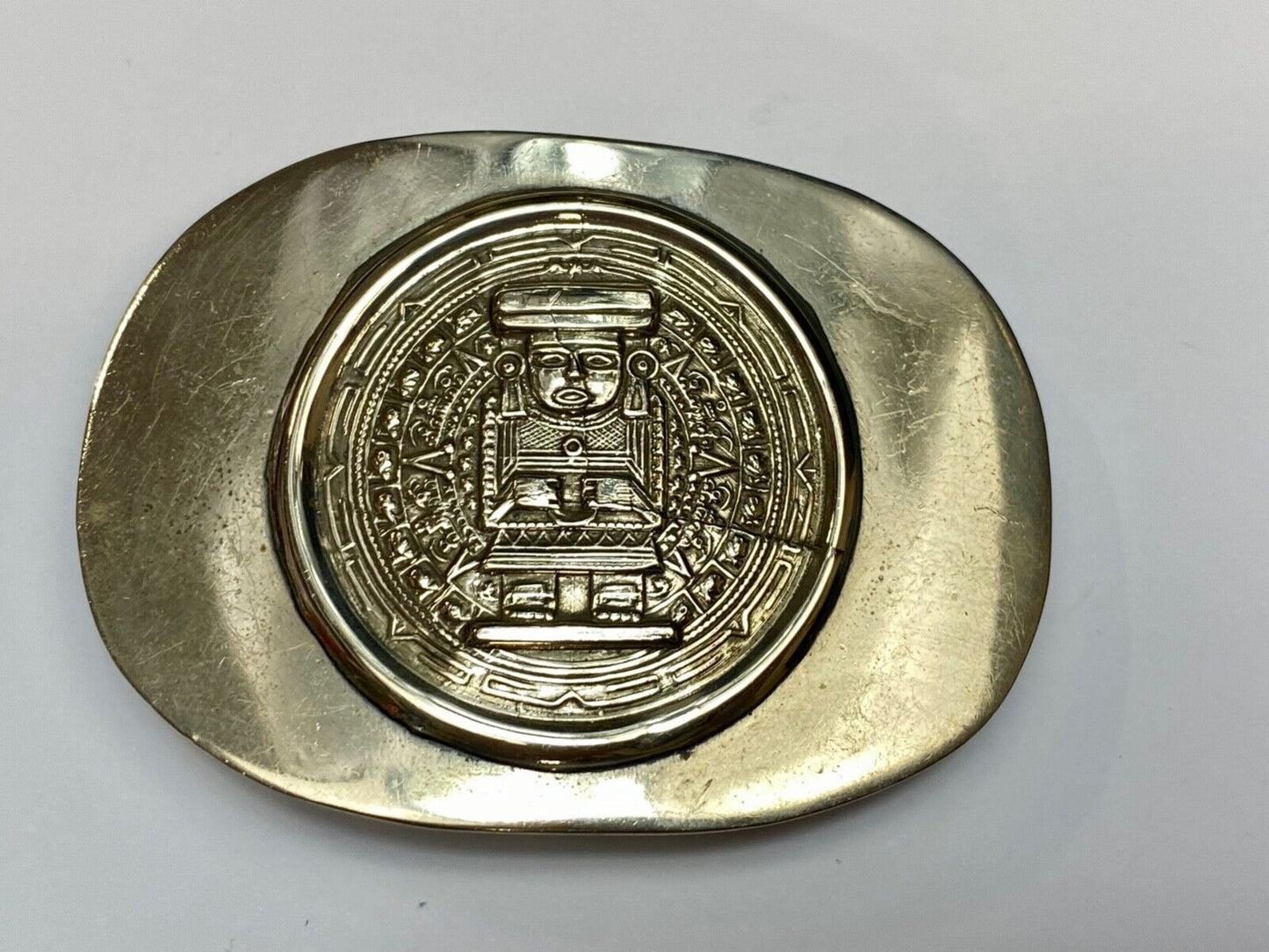 Aztec Calendar Person Figure silver tone? Belt Buckle Mayan Indian