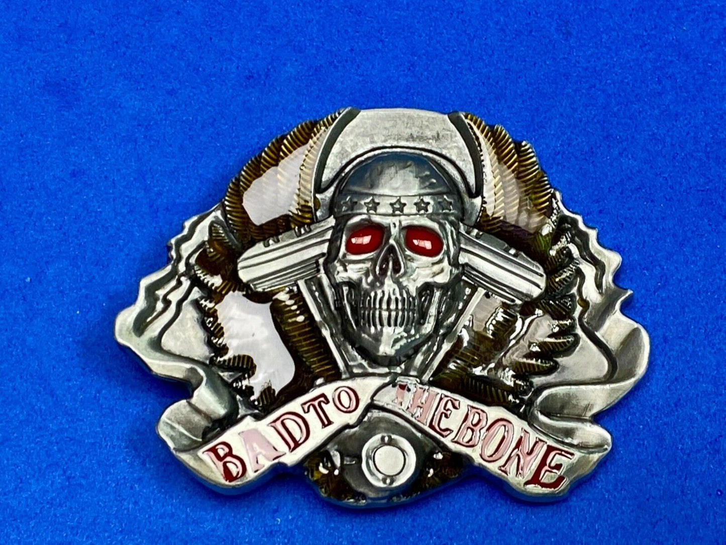 Bad to the bone - Red eyes Bikers Motorcycle Riders skull and wings belt buckle