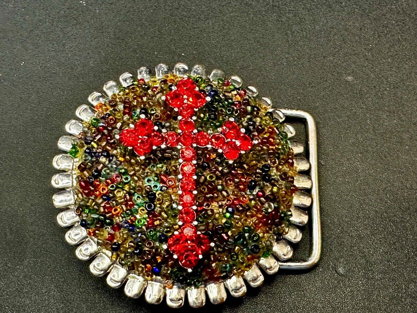 Artisan Religious Red Cross Rhinestone Covered Unique Round Chunky Belt Buckle