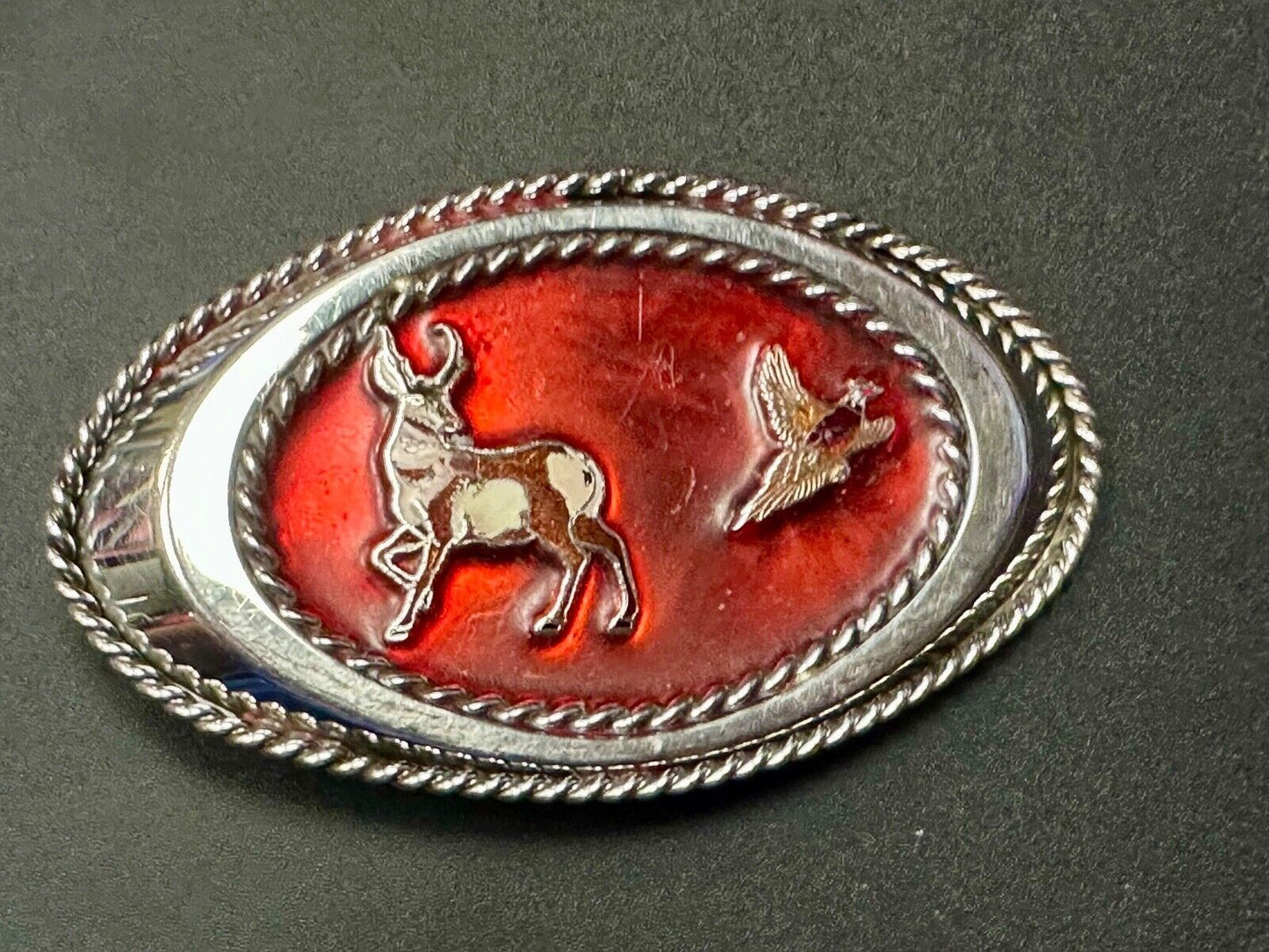 Vintage Artisan Hunters Deer and Quail oval western belt buckle