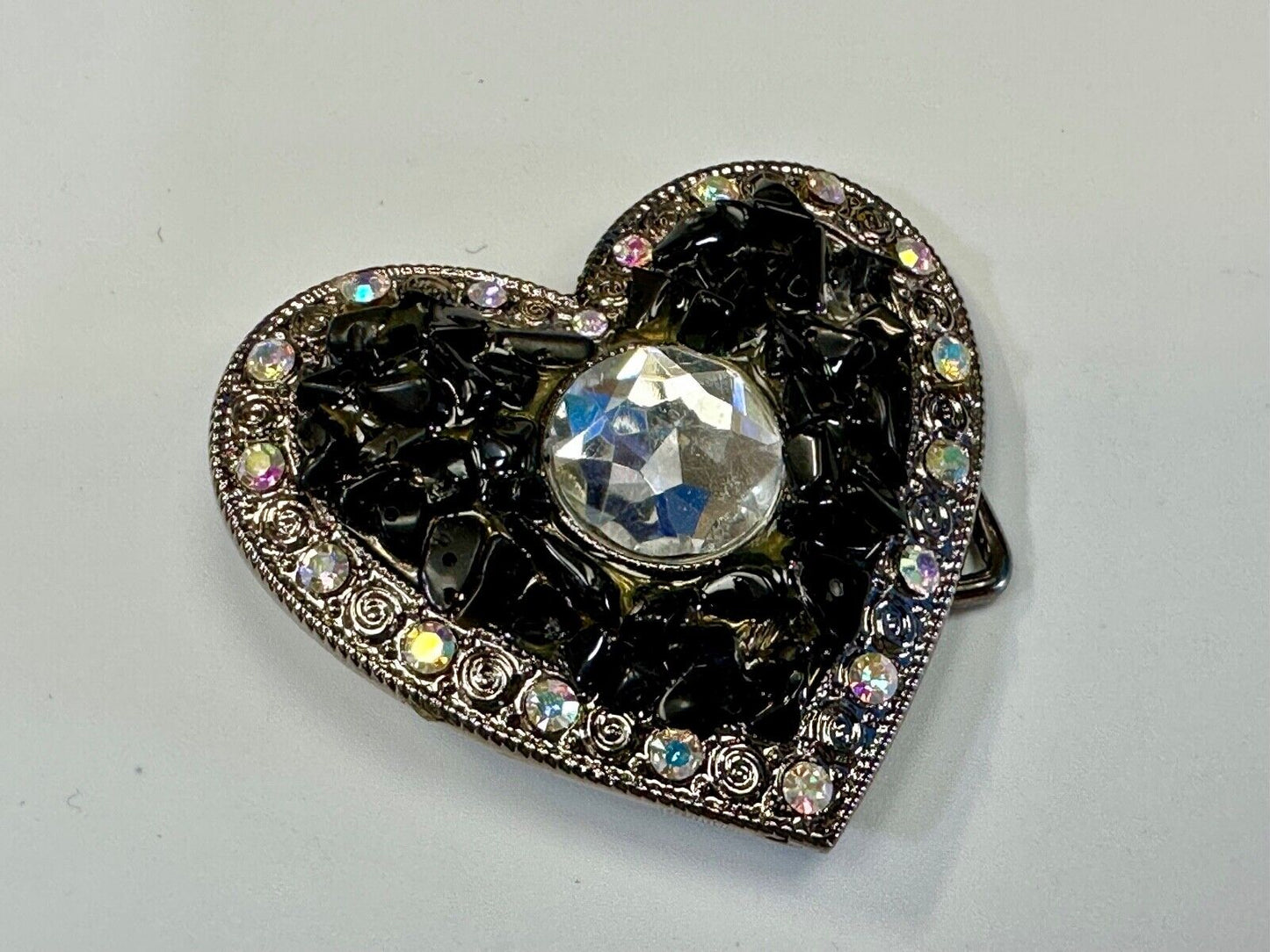 Black Chunky HEART clear rhinestone boarder large Clear centerpiece belt buckle