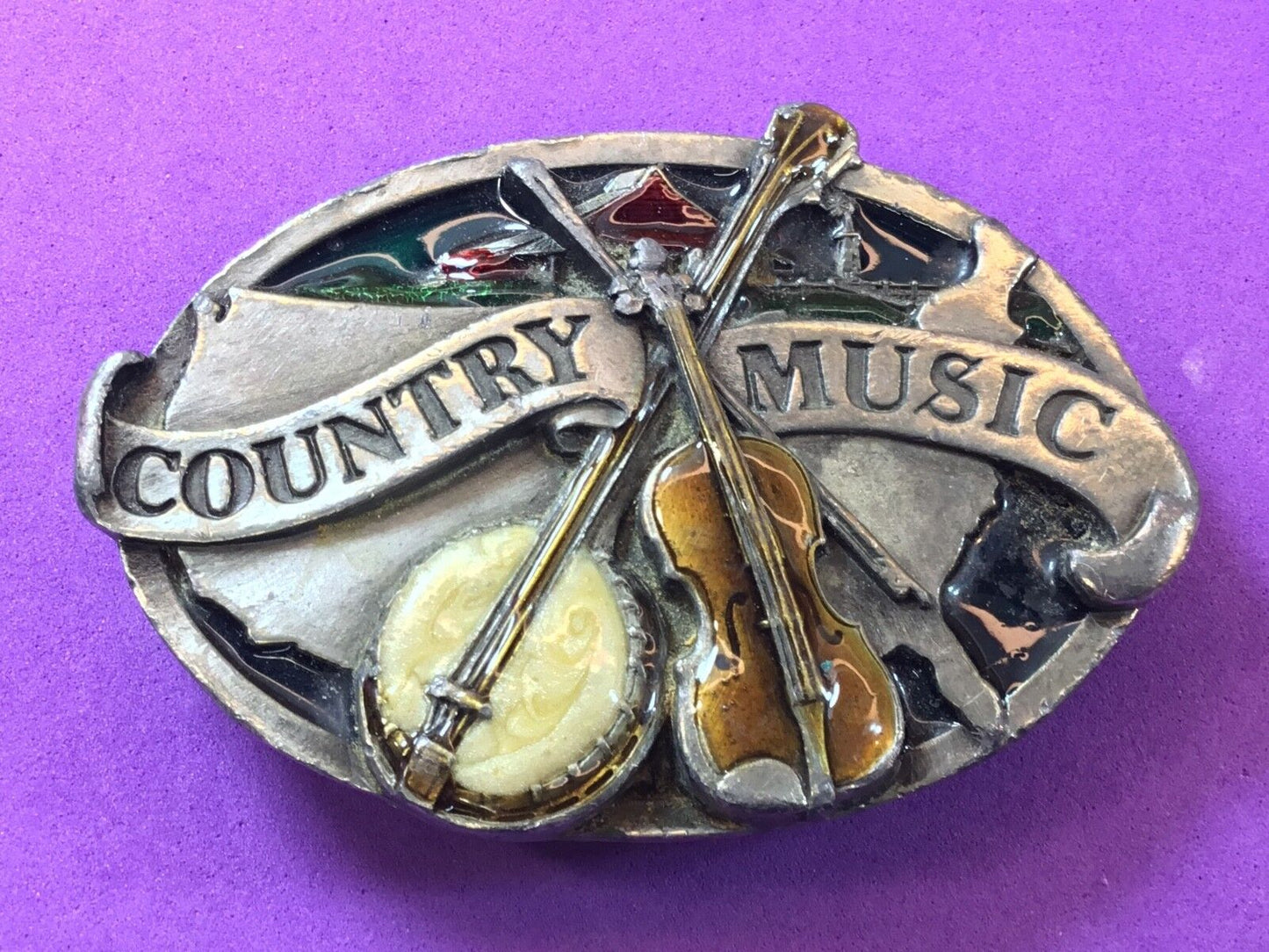 Vintage enamel COUNTRY MUSIC tribute E-29 Pewter Belt Buckle