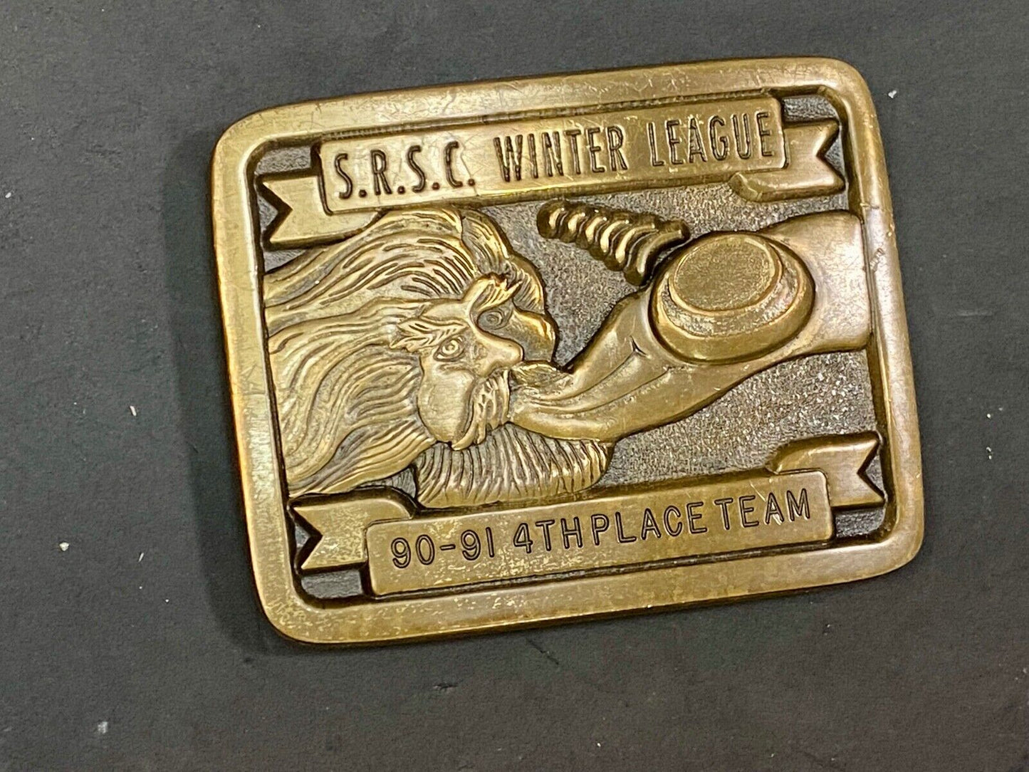 Vintage 1990 Trophy Belt Buckle Srsc Winter League Sports Teams Old Man Winter