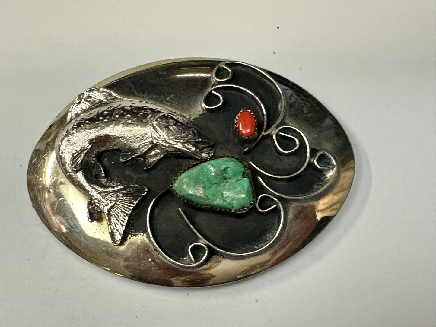 Bass Fish - Turquoise & Coral accented Native American Indian Style Belt Buckle