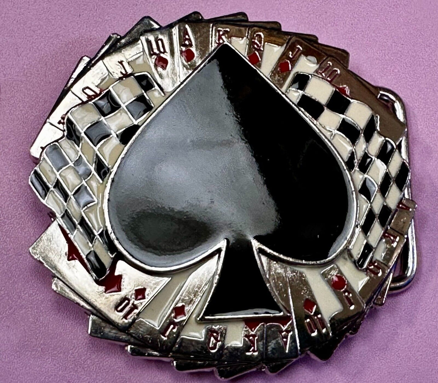 Ace of Spades Cards Royal Flush Poker Checkered Flag Gambling Casino Belt Buckle