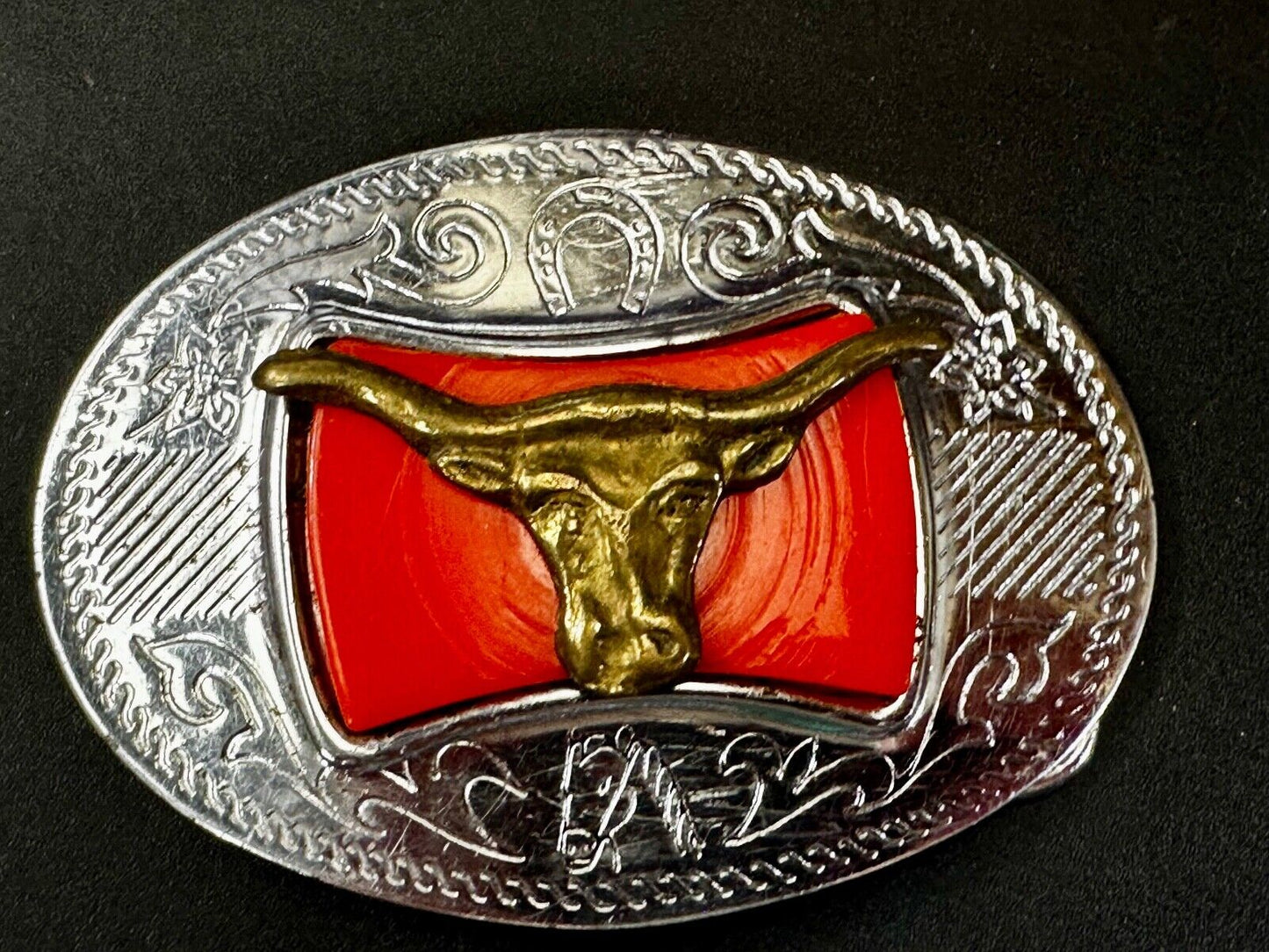Texas Longhorn Cattle Bull Orange Enamel Backed Western Style Belt Buckle