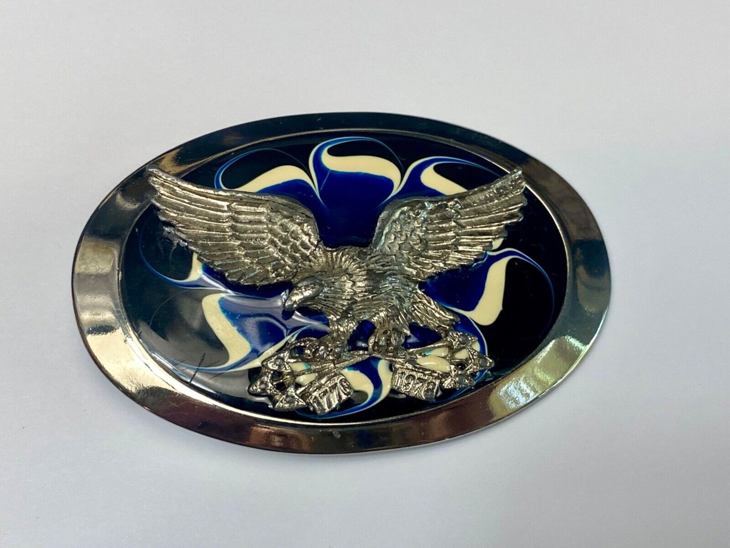 Vintage Eagle w/ arrows in claws western oval blue & cream enameled belt buckle