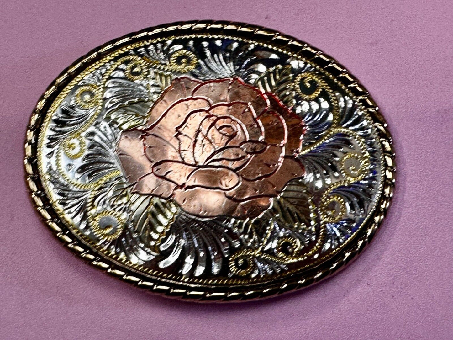 Beautiful Rose Small Etched Flower Swirl Design Vintage Belt Buckle W USA Made