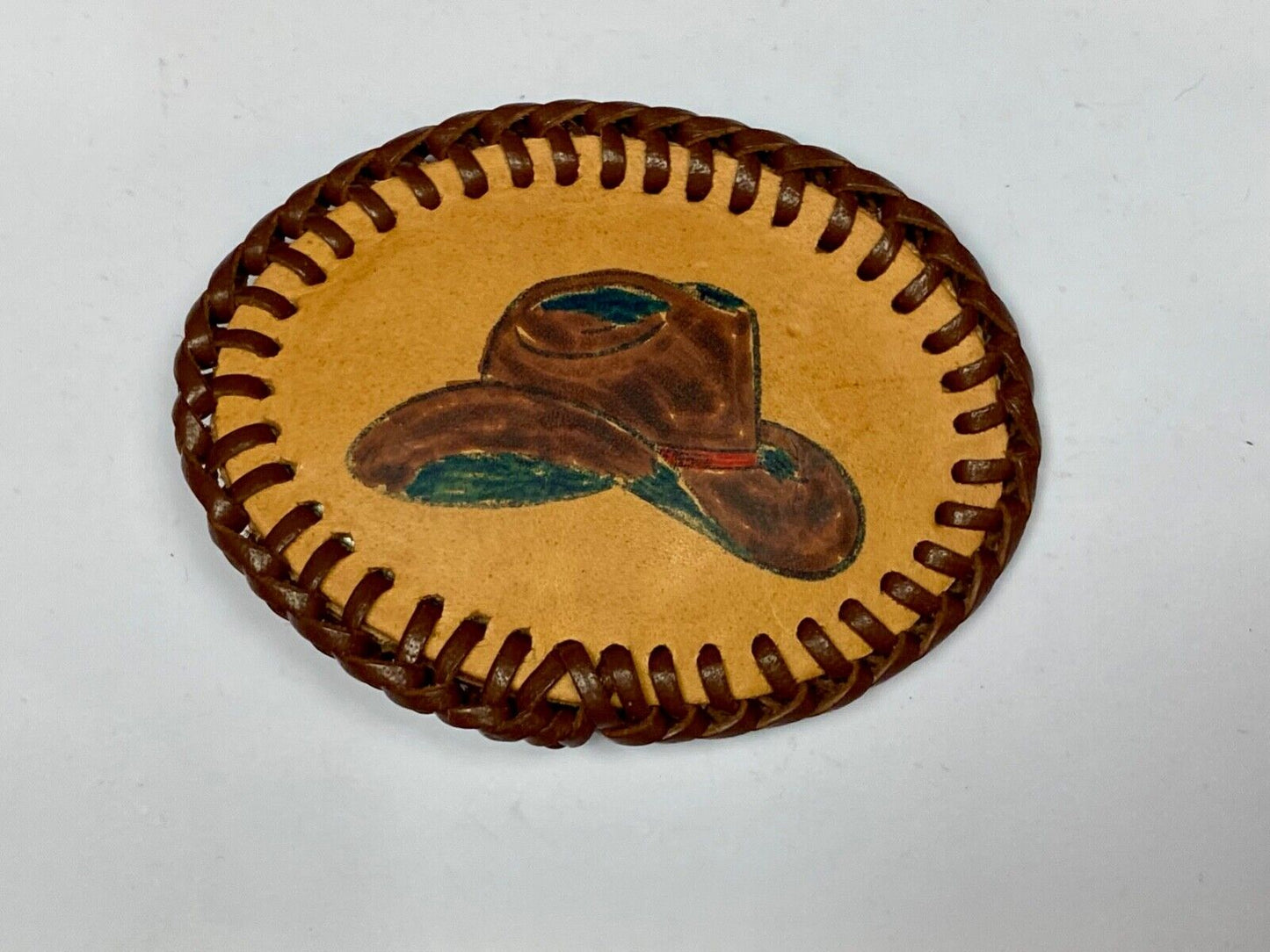 Vintage Cowboy Hat On Hand Stitched Leather Western Oval Belt Buckle