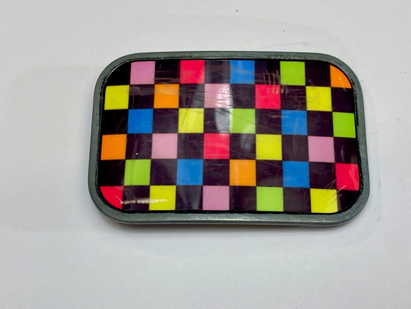 Vintage 80s Style Neon Checkerboard Pattern Black Yellow Pink Blue Belt Buckle