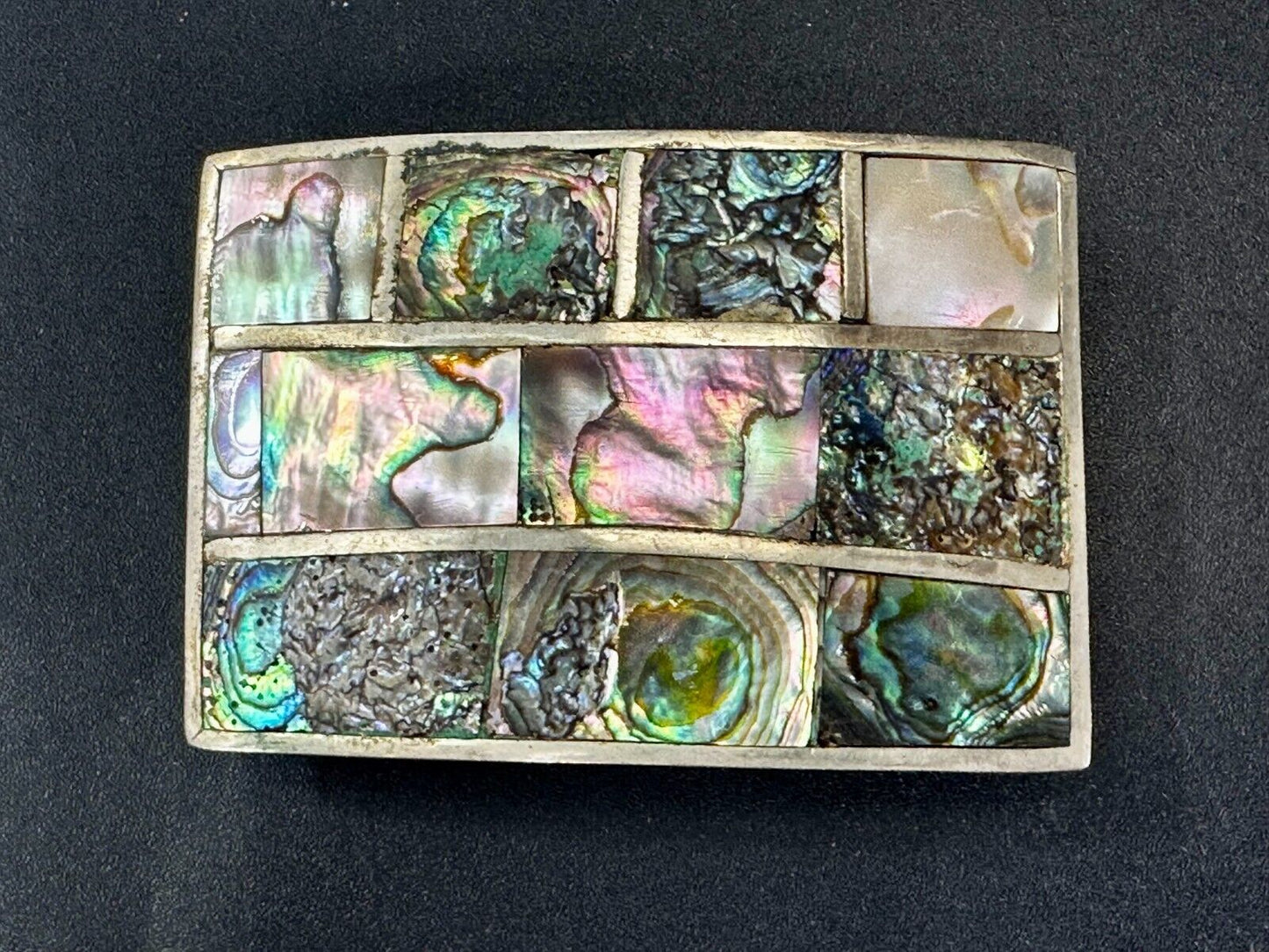 Vintage Abalone Shel Inlaid Silver Tone Large Rectangular Belt Buckle