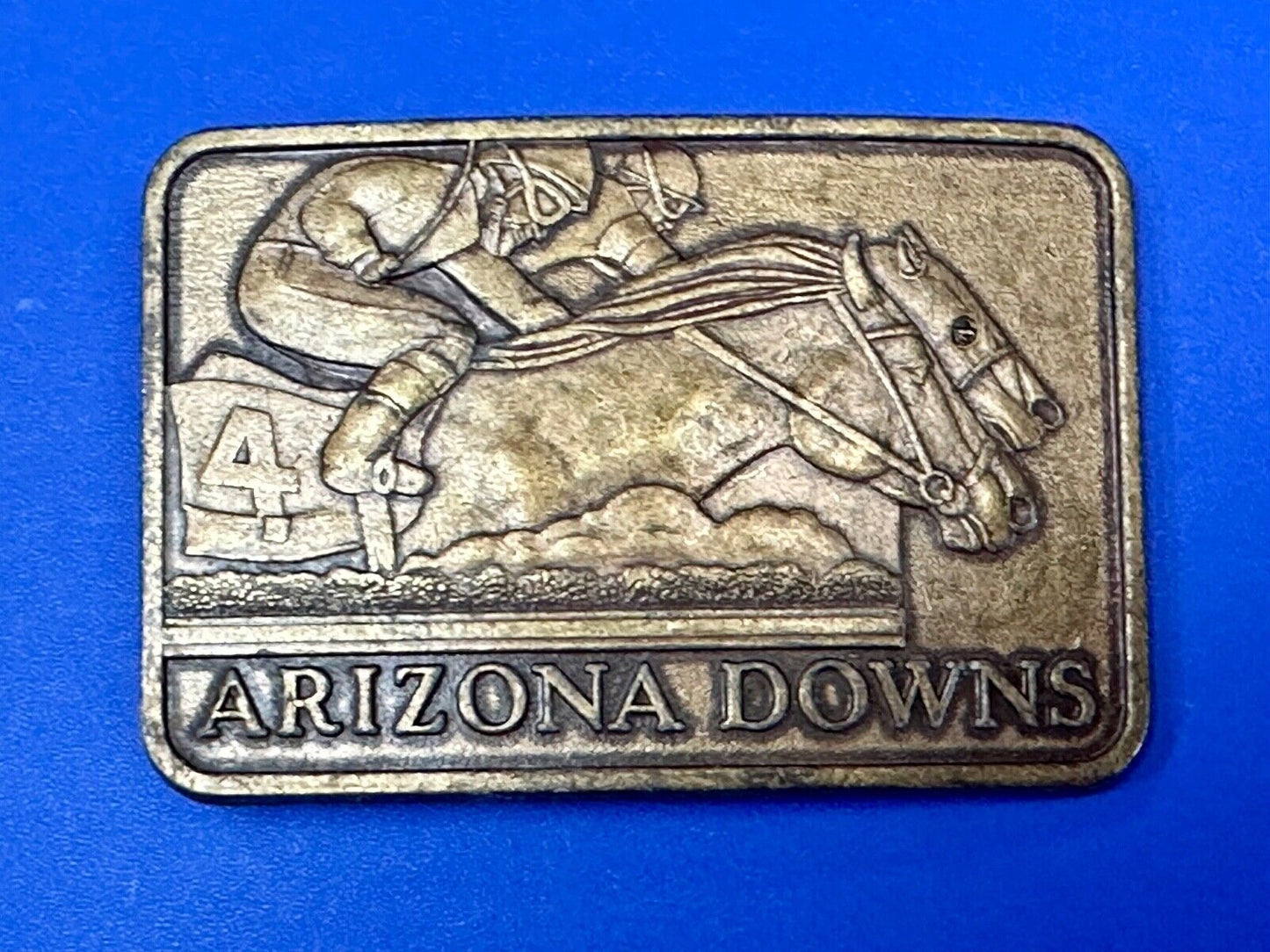 Vintage Arizona Downs Jockeys on Horses Racetrack vtg. Brass Tone Belt Buckle