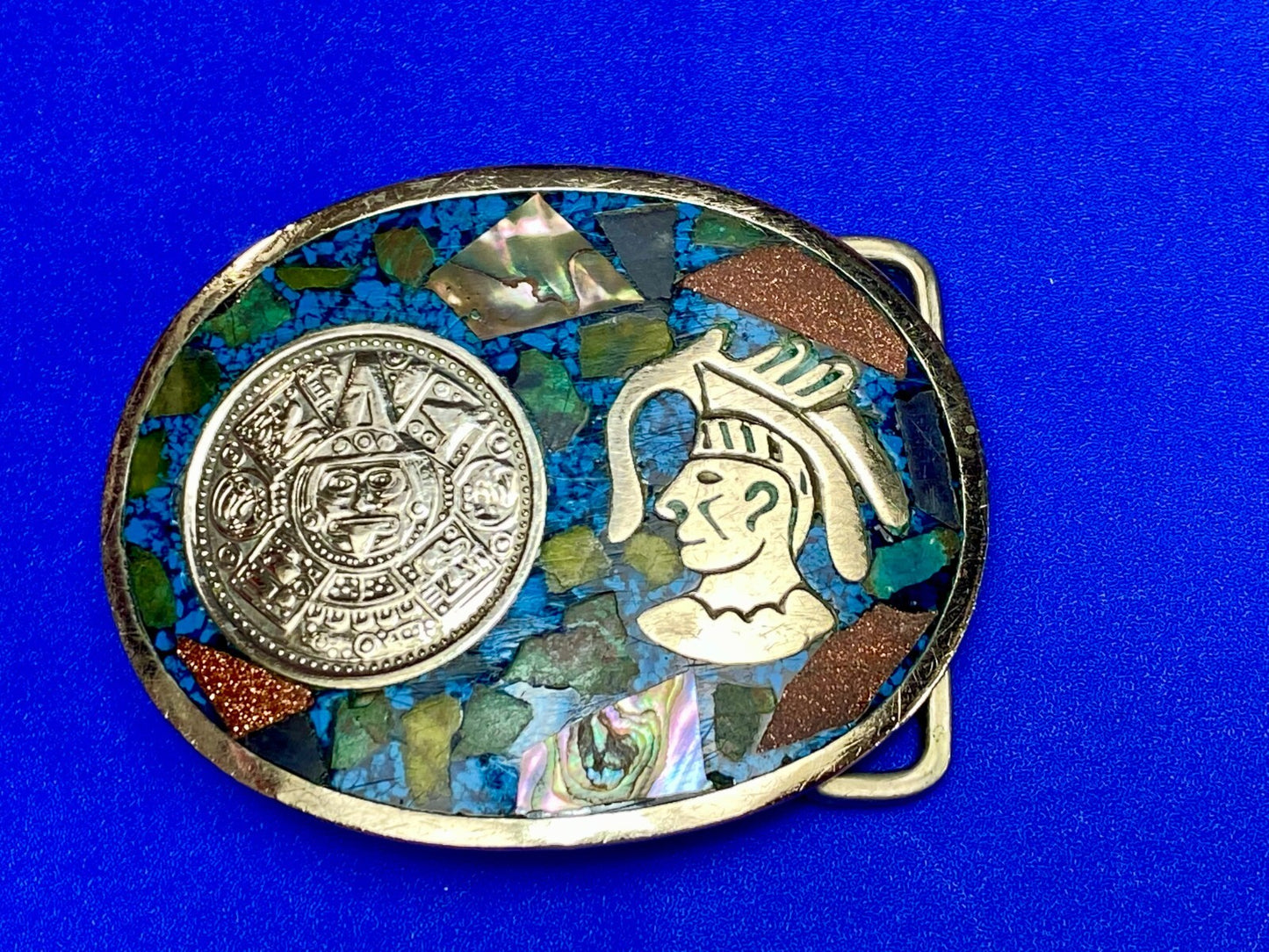 Aztec Mayan Calendar Coin Turquoise Inlay Mexico Sterling Silver Belt Buckle
