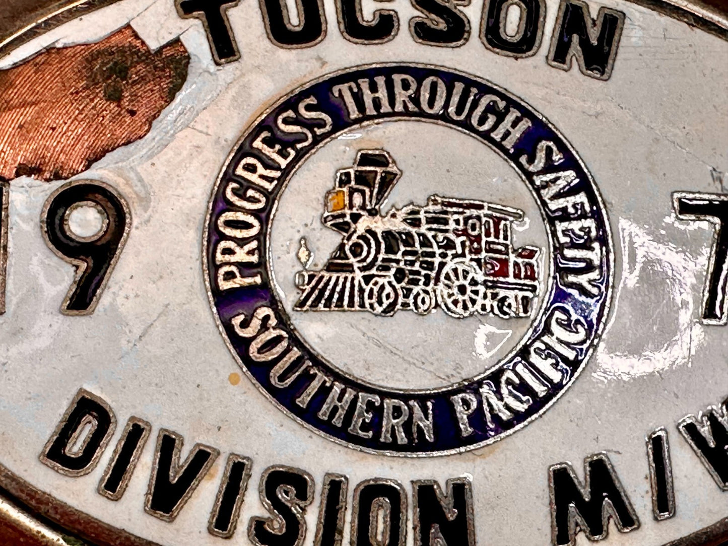 1978 Southern Pacific Tucson Division Railroad Safety Silver Tone Belt Buckle