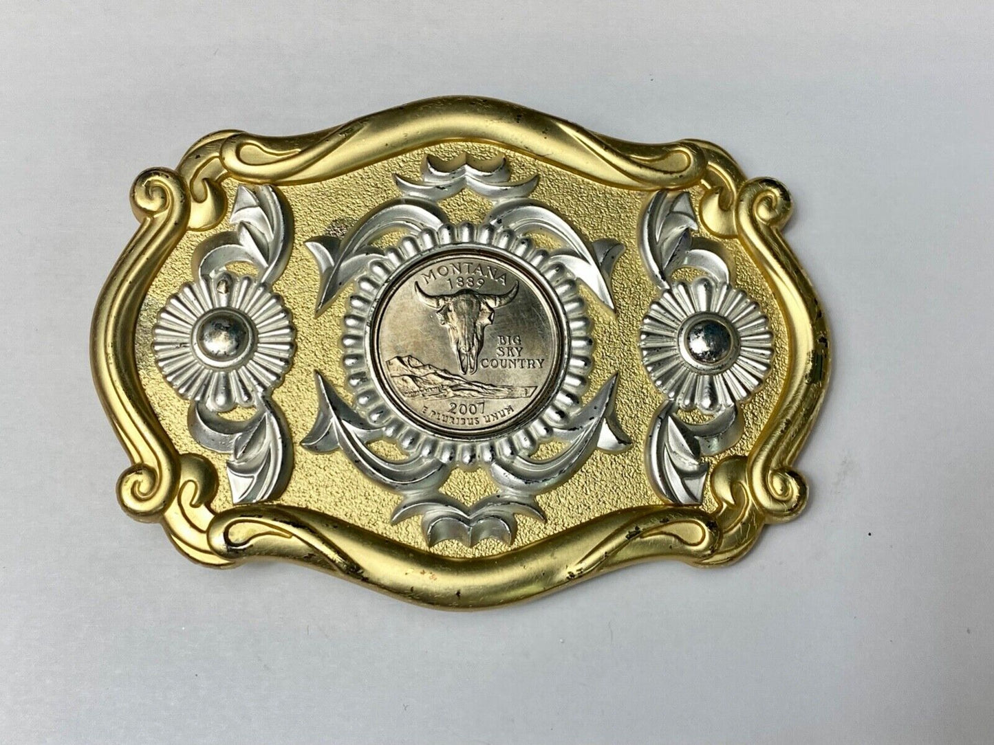 2007 Montana Big Sky Country Coin centerpiece in ornate two-tone belt buckle