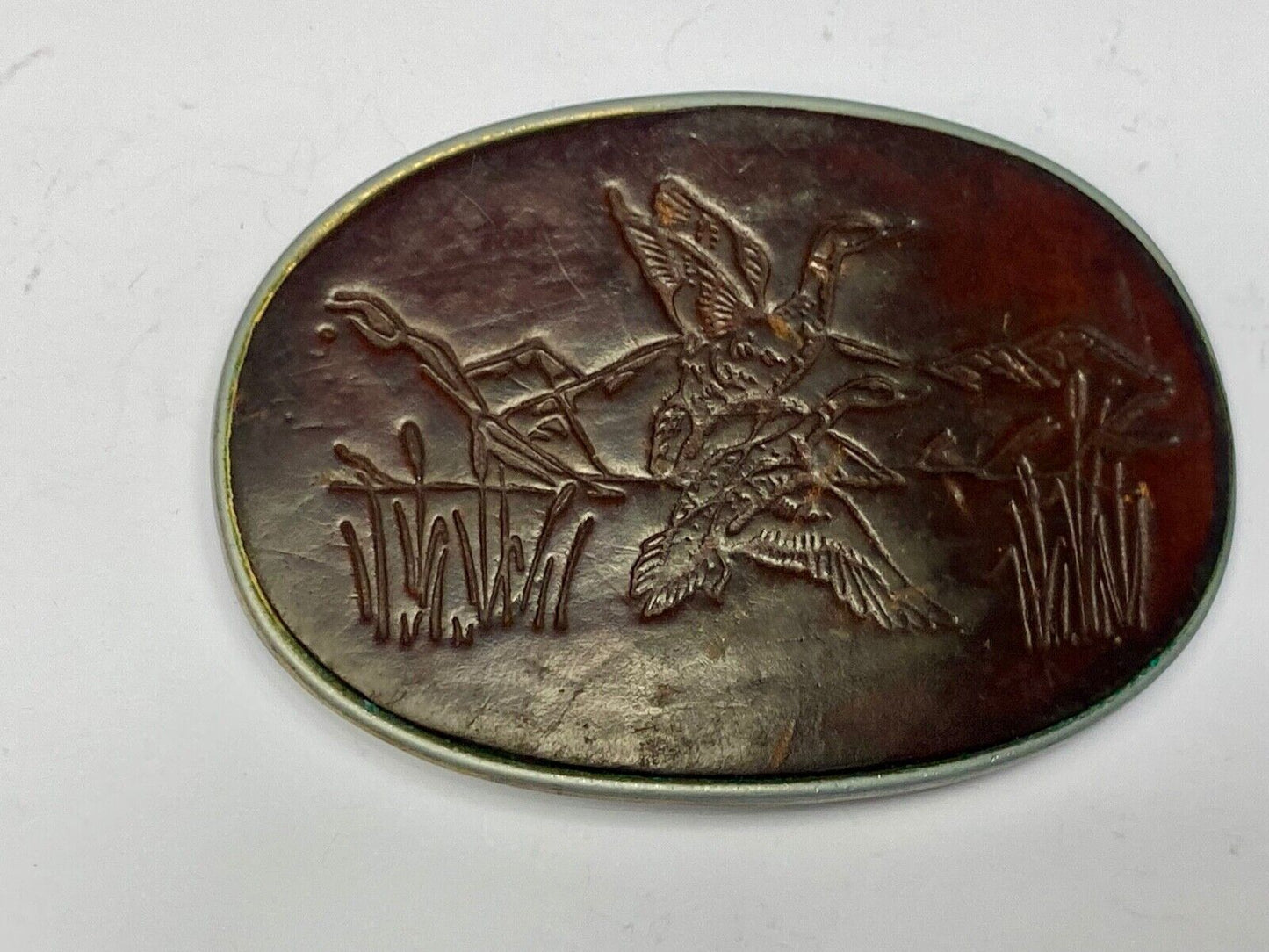 Vintage Ducks taking off flying from pond - nature leather belt buckle