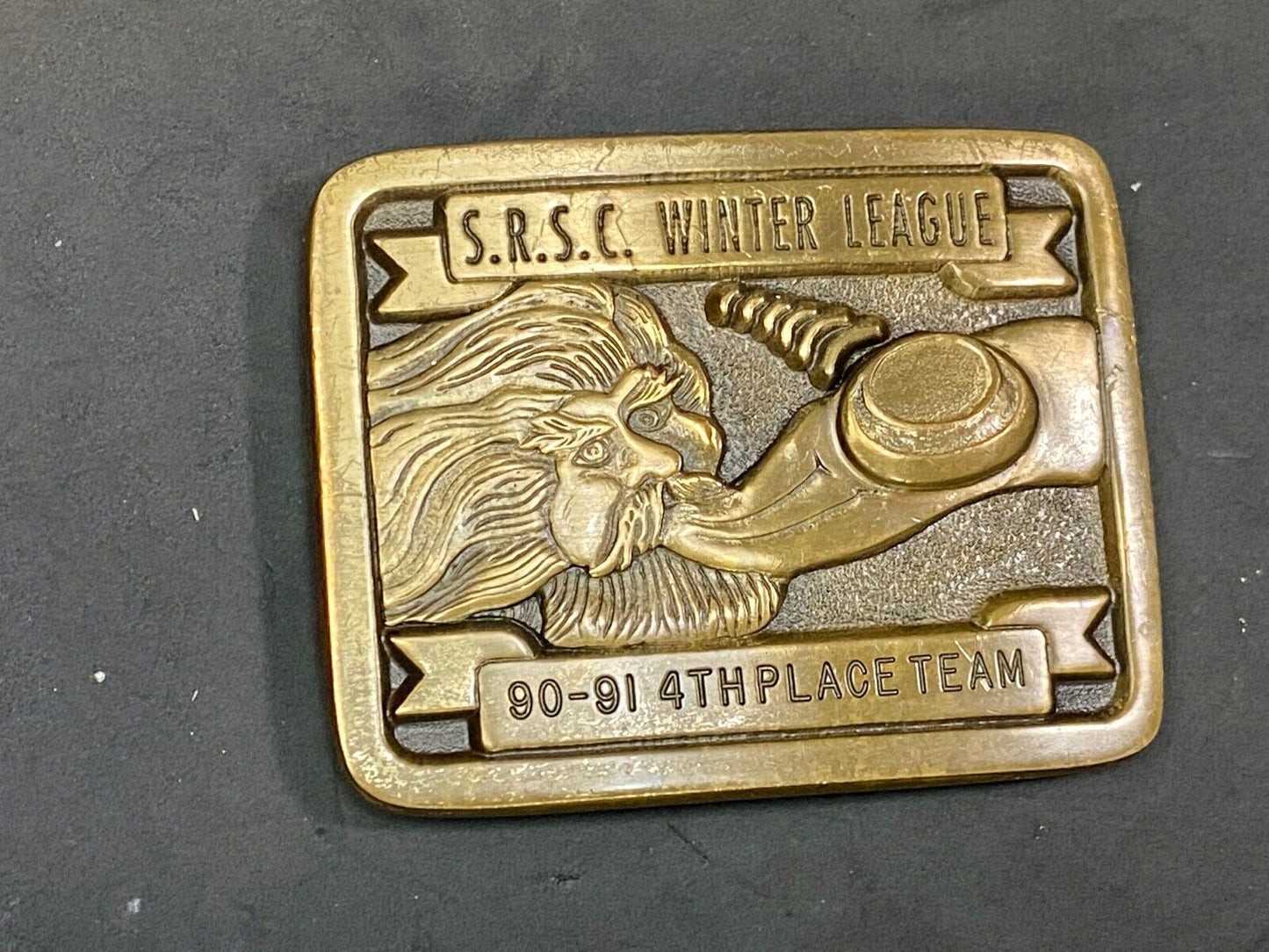 Vintage 1990 Trophy Belt Buckle Srsc Winter League Sports Teams Old Man Winter