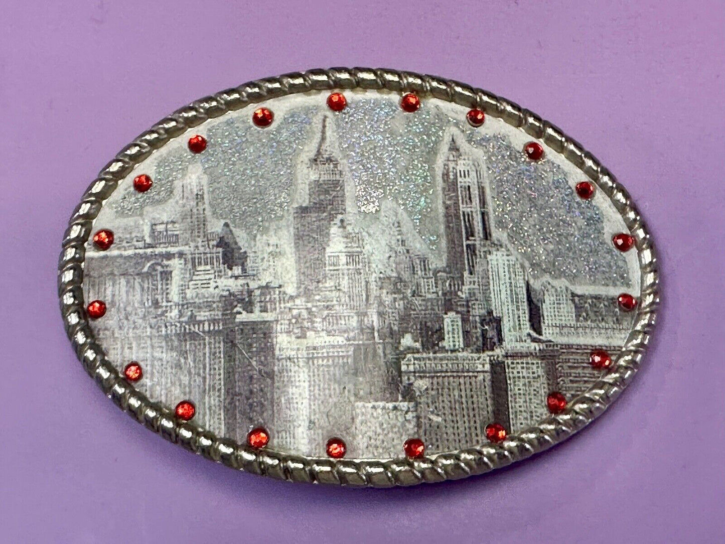 Vintage City Scape Picture Red Rhinestone Accented Oval Belt Buckle