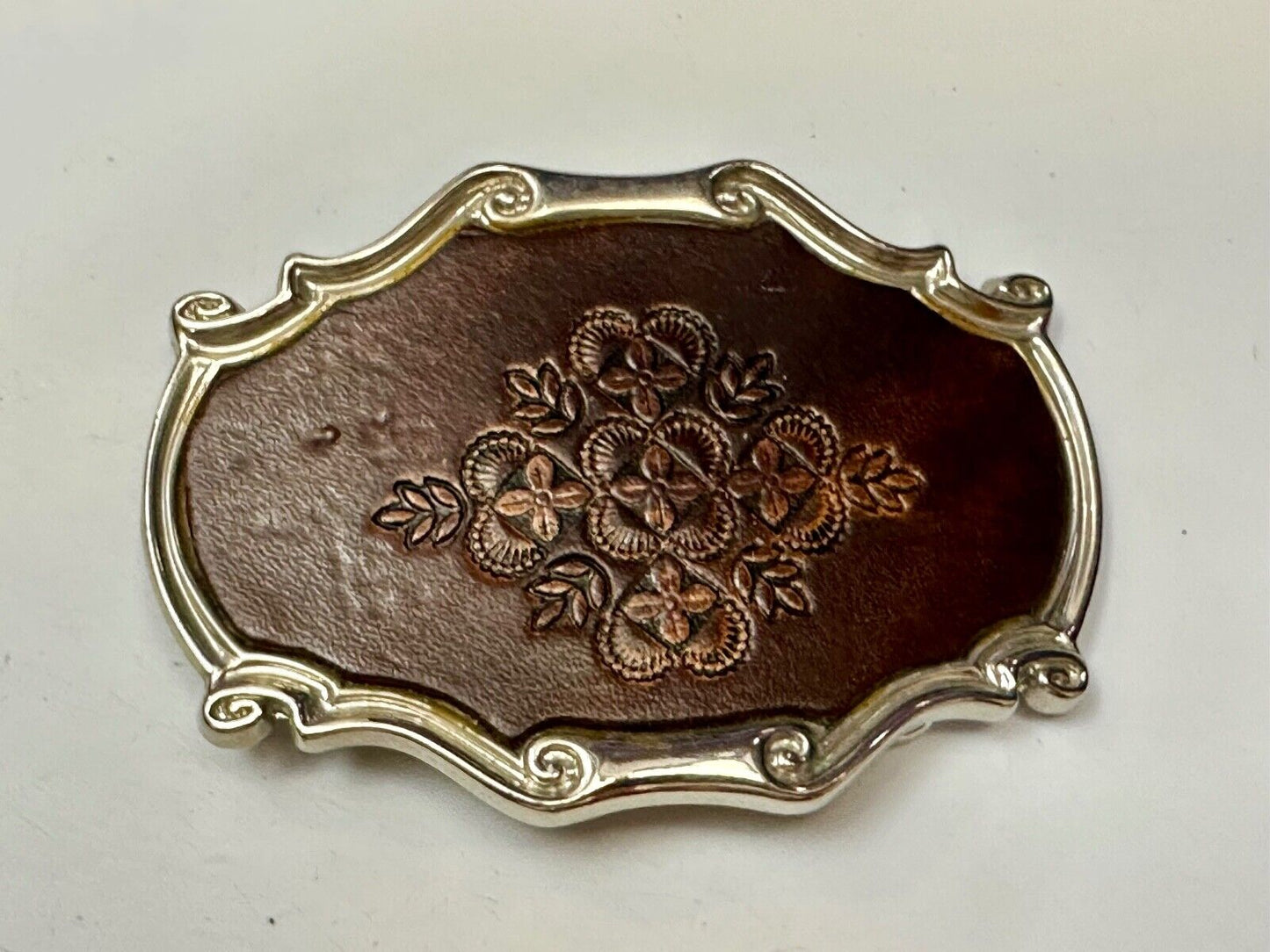 Vintage Brown leather flower pattern belt buckle made in Spain