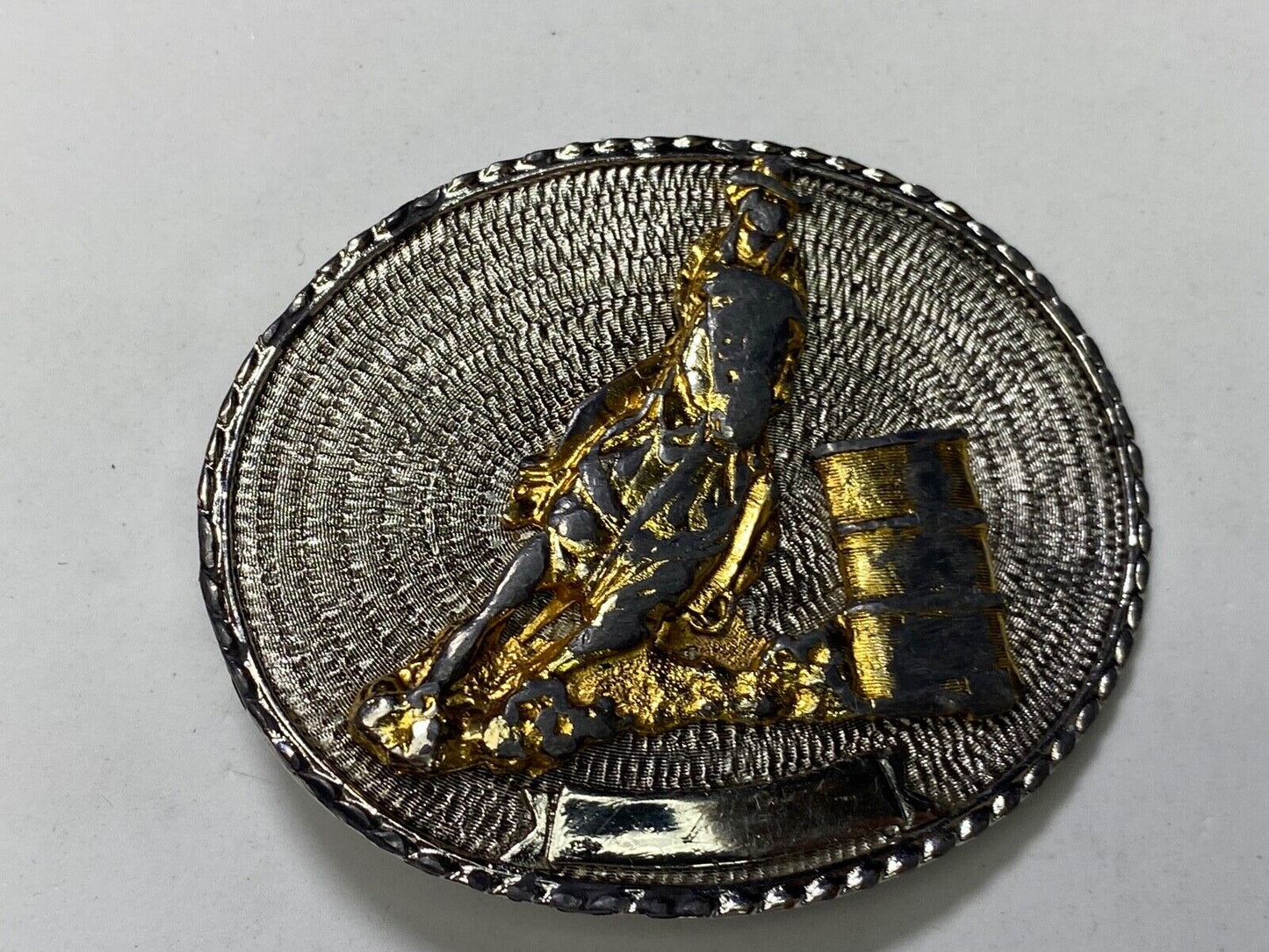 Barrel Racing Rodeo Cowboy Cowgirl Vintage Belt Buckle W/ Blank Ribbon Scroll