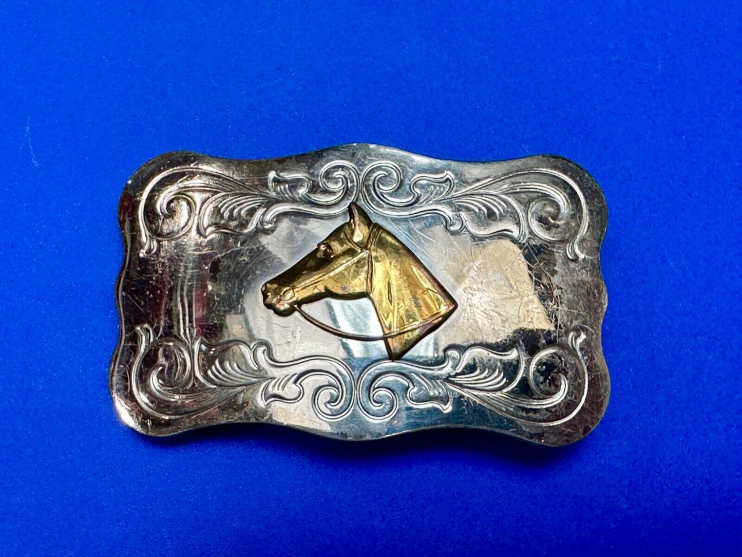 Vintage Chambers nickel silver Horse head centered on western belt buckle