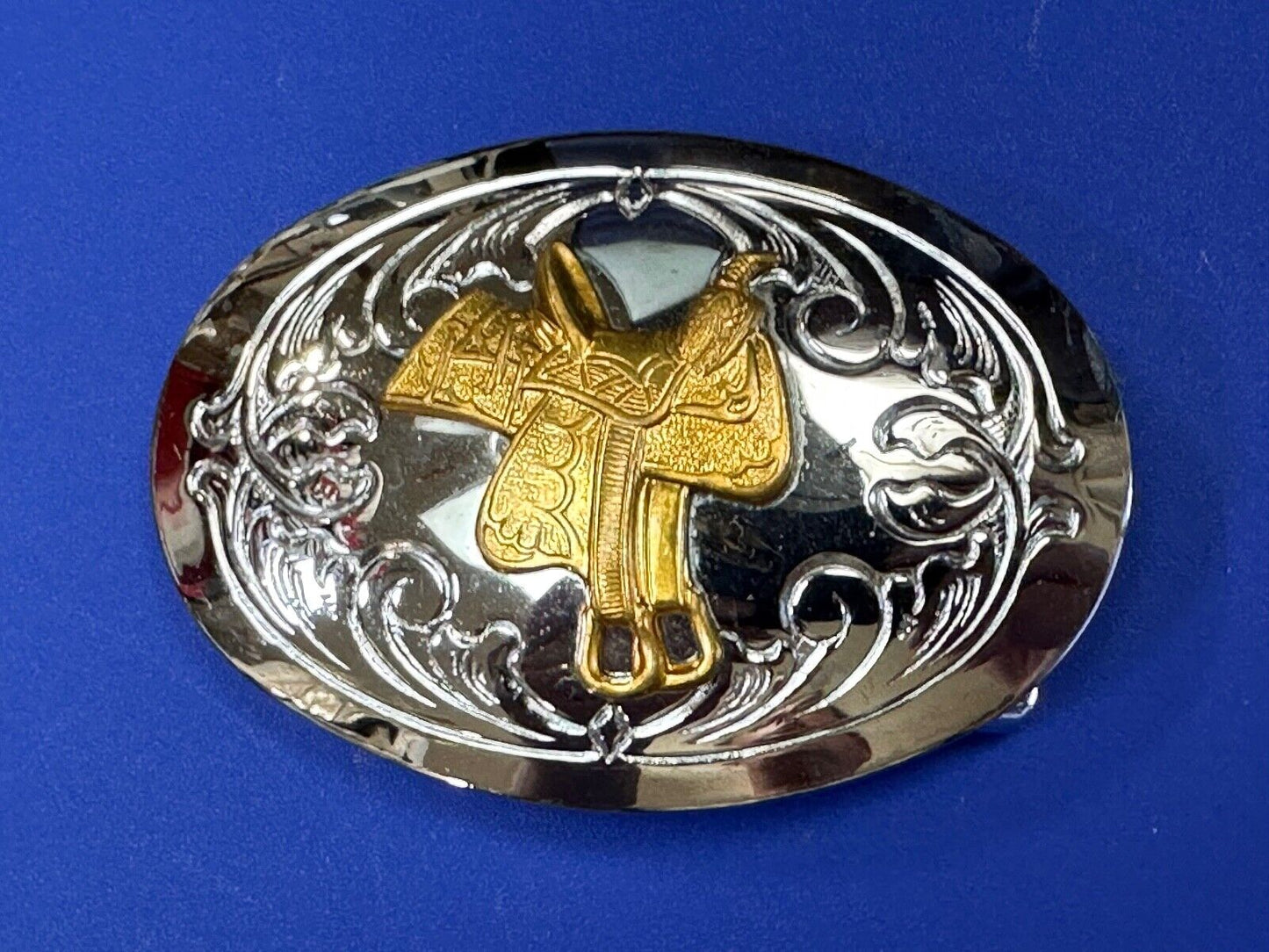 vintage Chambers Horse Saddle - Cowboys Cowgirls two tone belt buckle