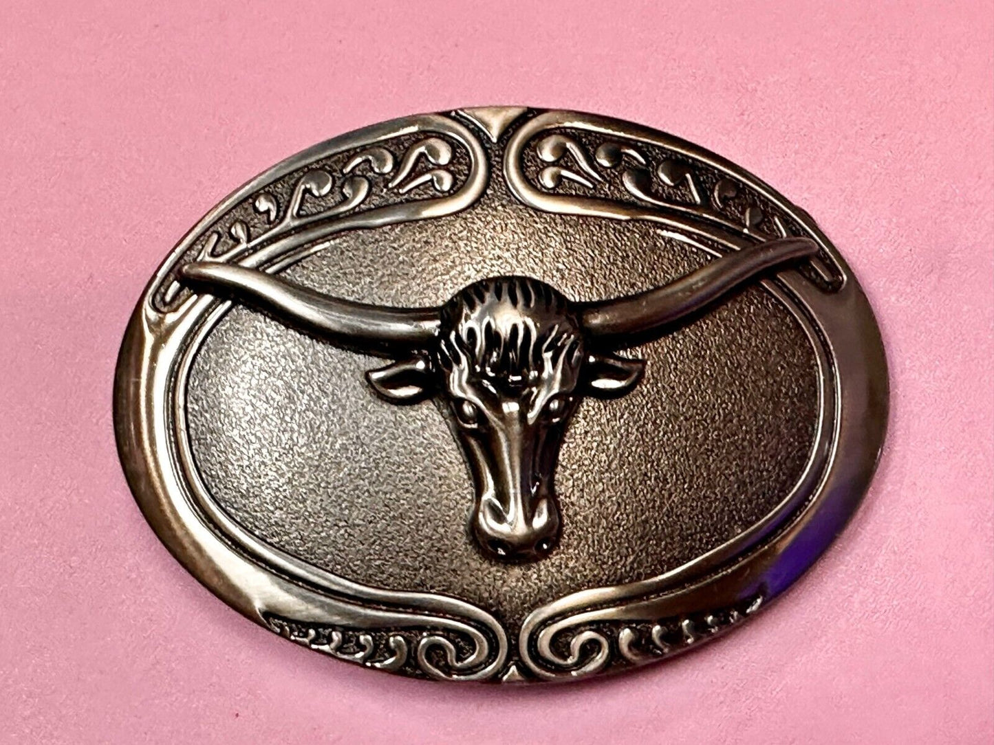 Texas Longhorn Steer Rodeo Bull Vintage Silver Tone Western Oval Belt Buckle