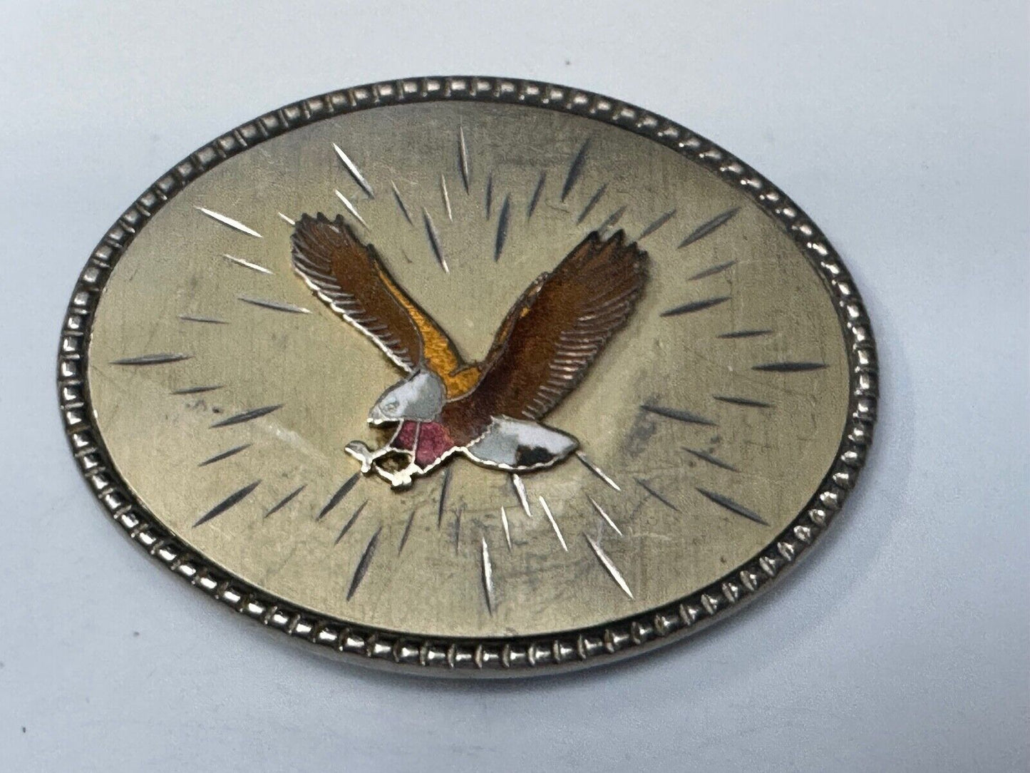 Vintage EAGLE flying High western etched Burst Pattern belt buckle Marked Taiwan