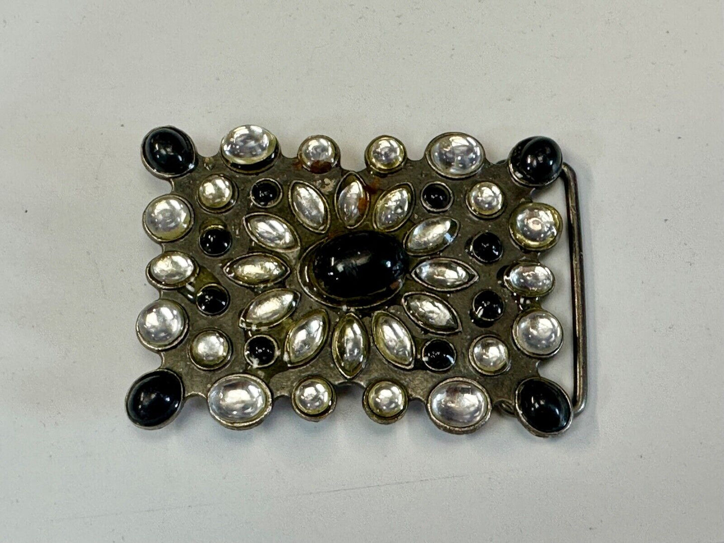 Vintage black and white rhinestone / silver tone belt buckle