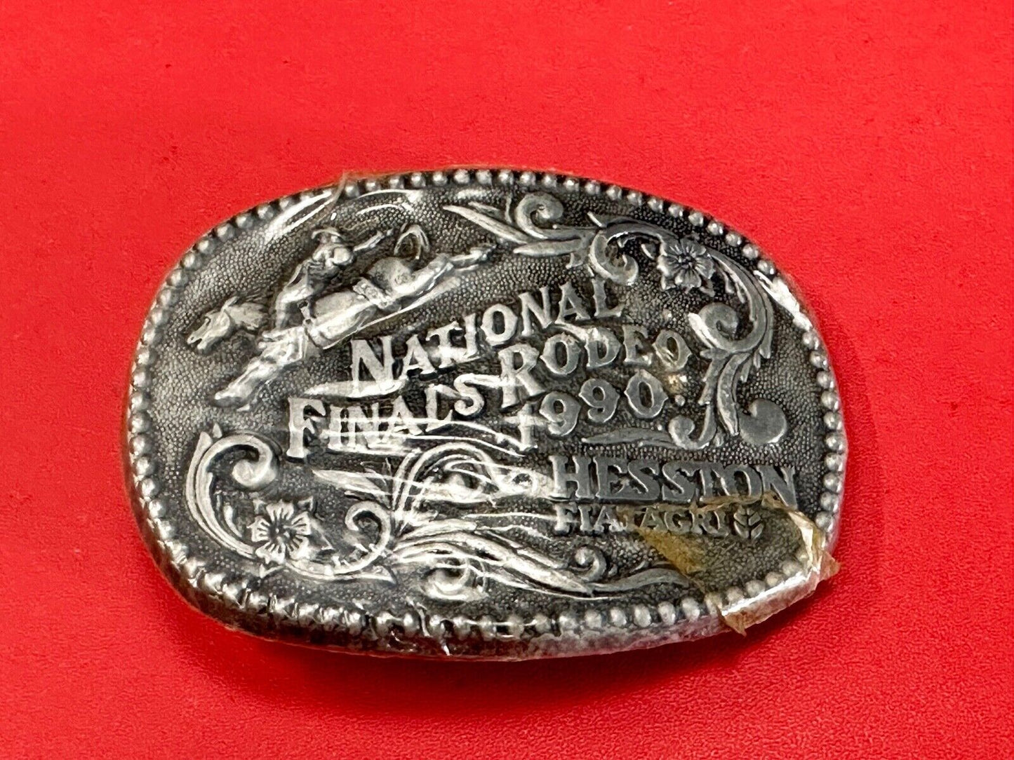1990 Youth Size Hesston National Finals Rodeo Bull Riding Cowboys belt buckle