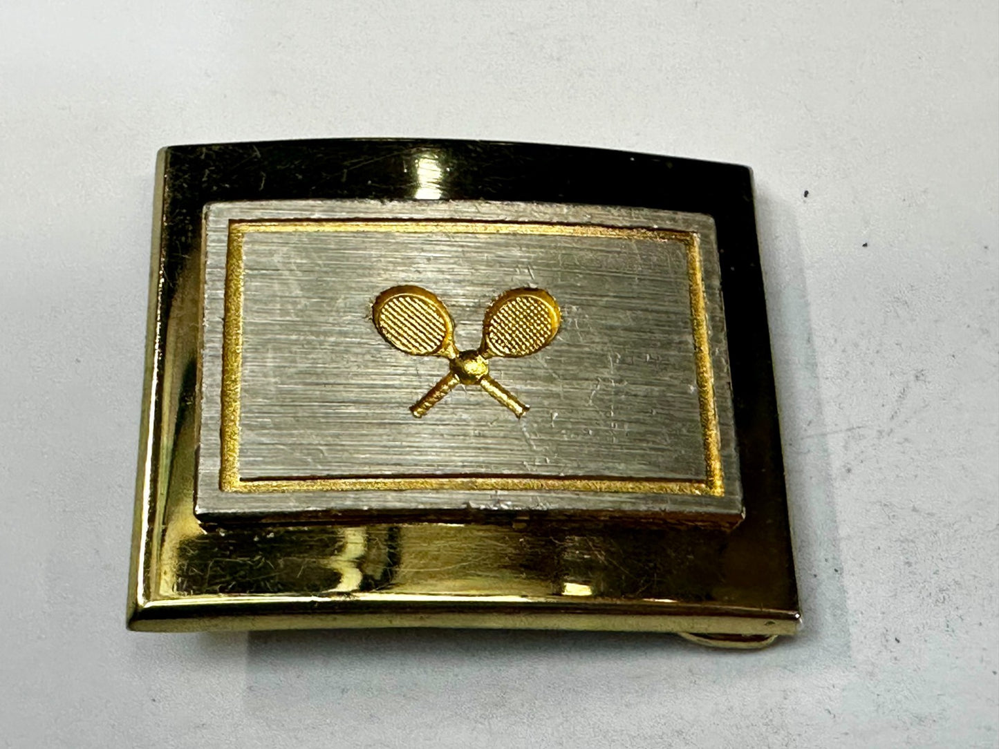 Tennis Racket Ball Sports Game Athlete Commemorative Gold Tone Small Belt Buckle