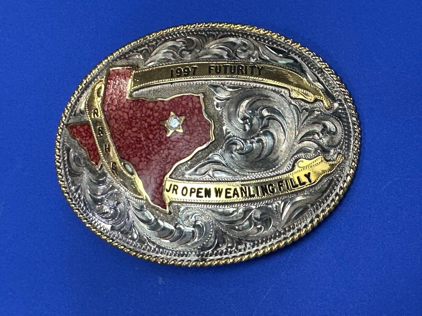 TEXAS Inlaid Coral Chip JR Open Weanling Filly 1997 Futurity Trophy belt buckle