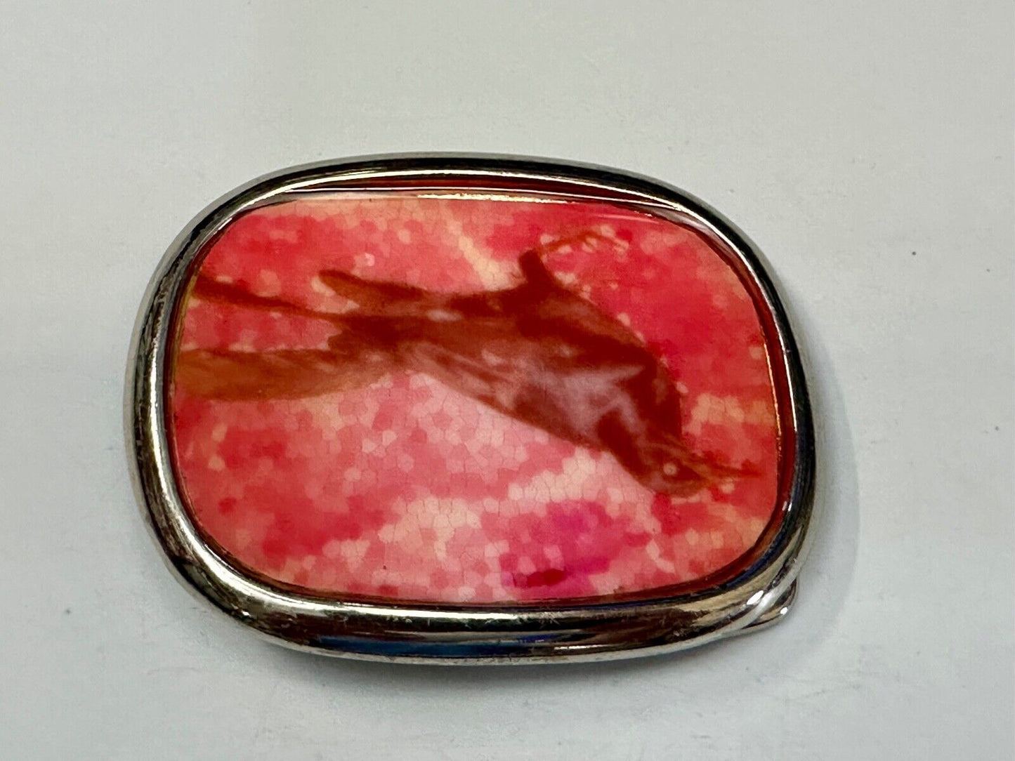 Abstract Dolphin Fish Pink & Red Colored Print on Silver Tone Belt Buckle