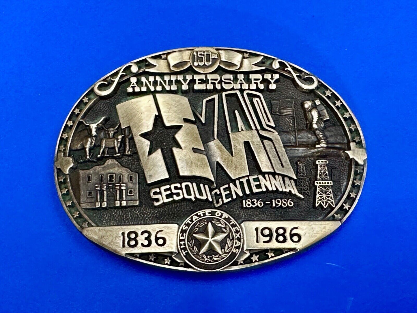 Texas Sesquicentennial 150 year celebration solid brass ADM belt buckle
