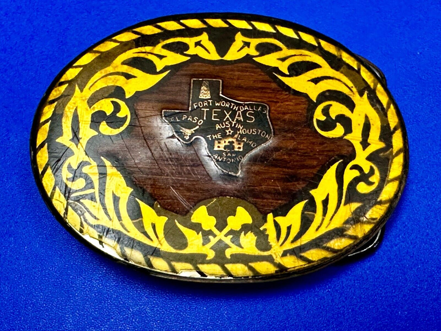 Texas Cutout State Shaped Center On Wooden Vintage Belt Buckle By Harmony Medals