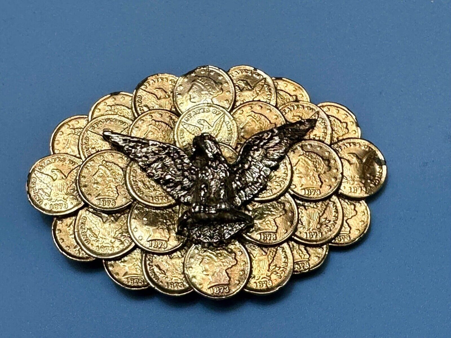 American Eagle wings wide over cluster of Indian Head Coins belt buckle