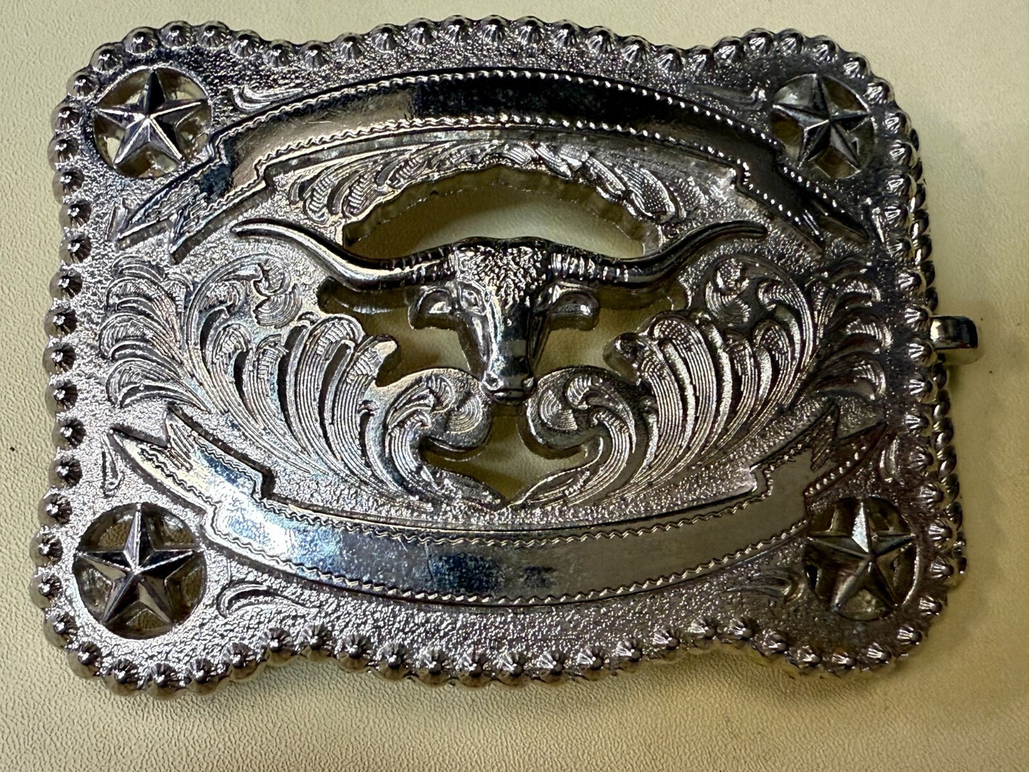 Texas Longhorn Cutout See Through Silver Tone Belt Buckle W/ Stars Award Ribbon