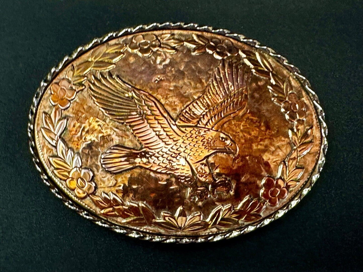 Vintage EAGLE flying High western etched flower swirl design belt buckle - W