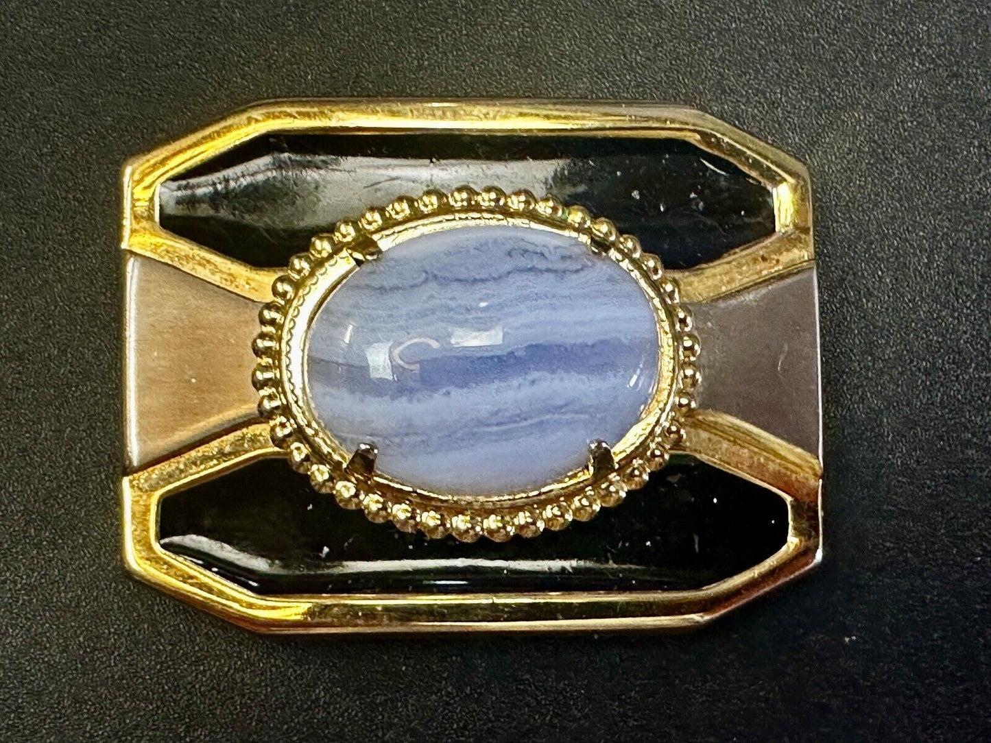 Vintage Blue Lace Agate Cabochon Cab Stone Centerpiece on Western Belt Buckle