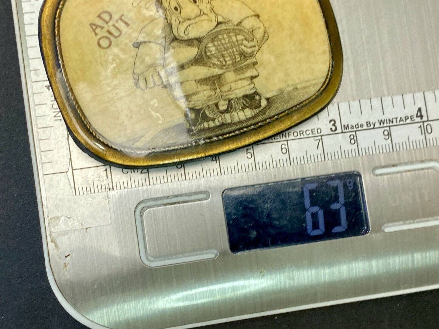 Tennis Game Novelty 70'S Cartoon Figure "Ad Out" Rounded Corner Belt Buckle