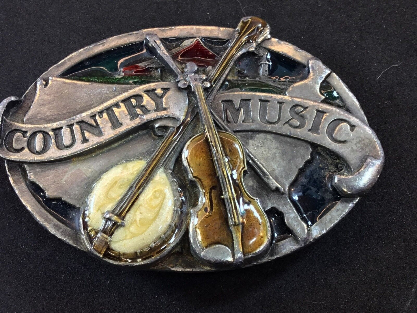 Vintage enamel COUNTRY MUSIC tribute E-29 Pewter Belt Buckle