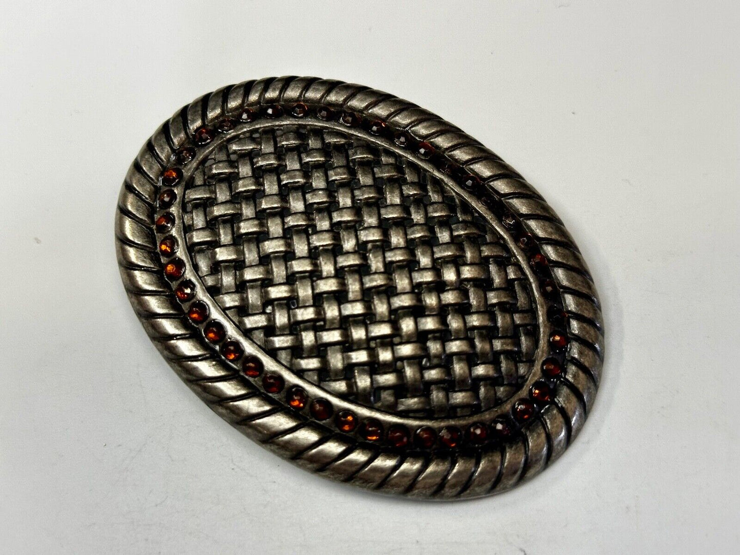 Basket Weave Design Rhinestone Border Vintage Metal Oval Belt Buckle